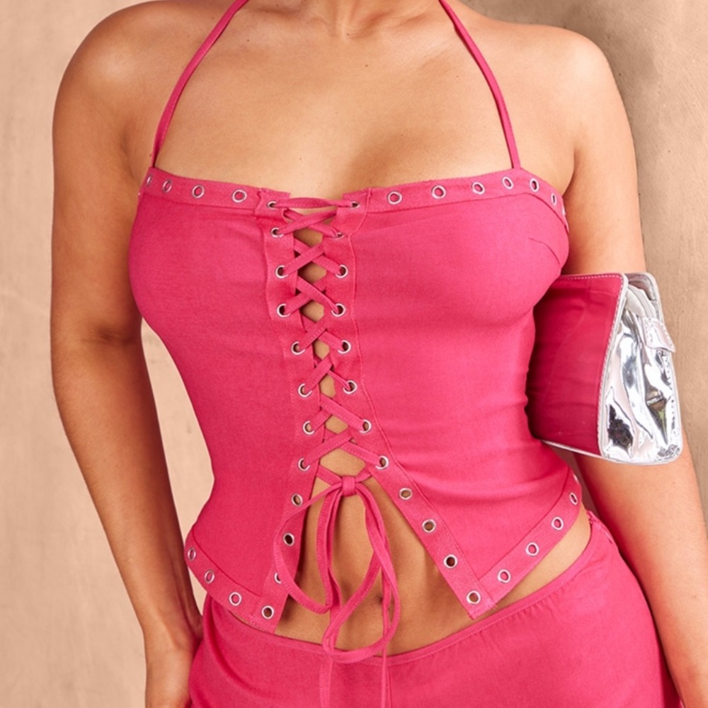 PrettyLittleThing Pink Lace-Up Halter Top